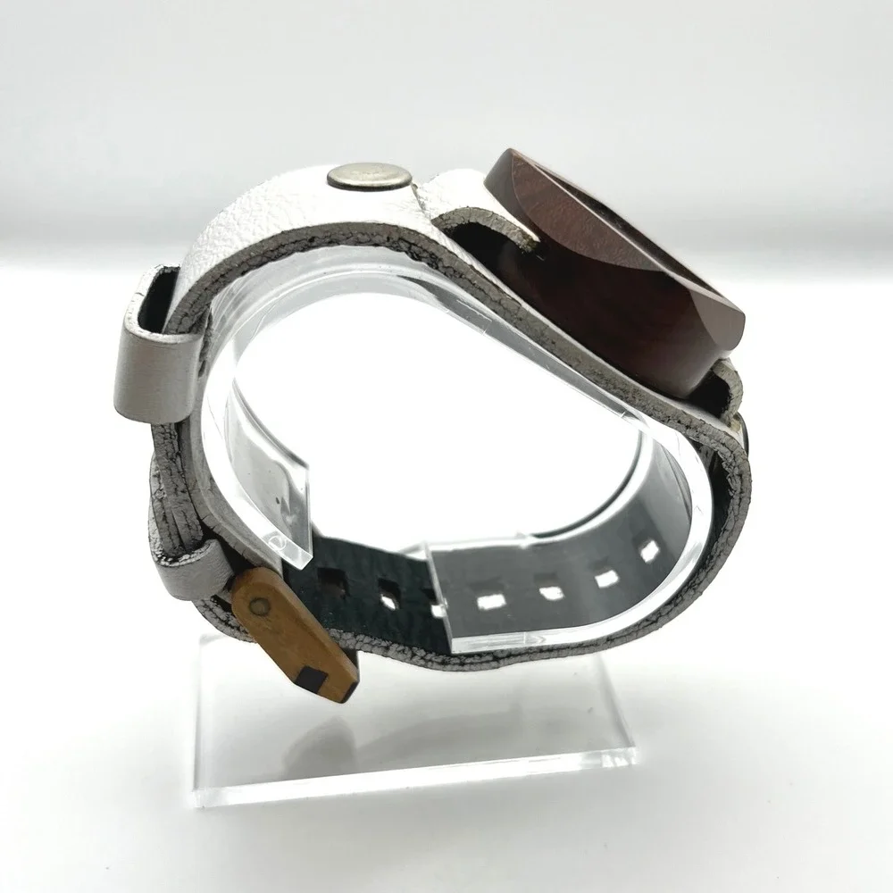 Mistura Wood Watch Square Case White Leather‎ Cuff Strap Artisan Handcrafted